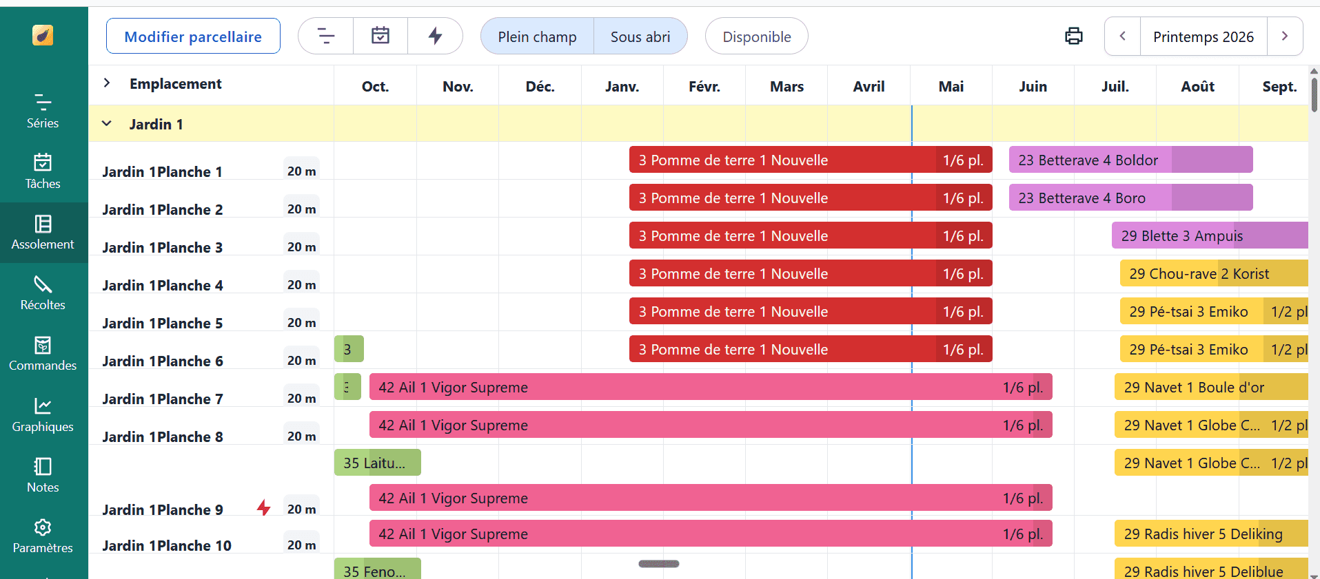 Screenshot del software di pianificazione colturale Brinjel: catalogo delle colture e pianificazione della stagione